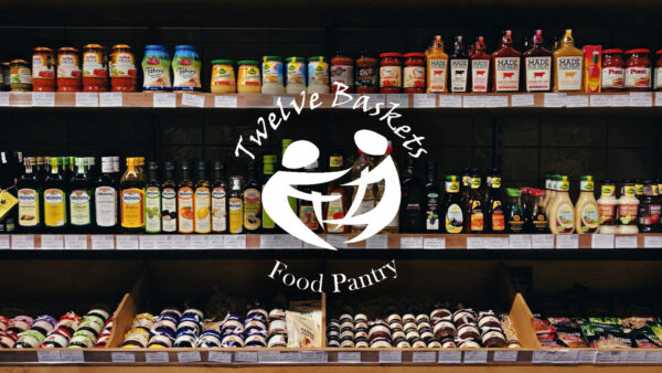 canned goods on shelves with twelve baskets food pantry logo overlaid